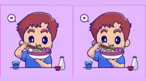 Prove yourself by finding 3 differences between the boy eating noodles picture in 10 seconds