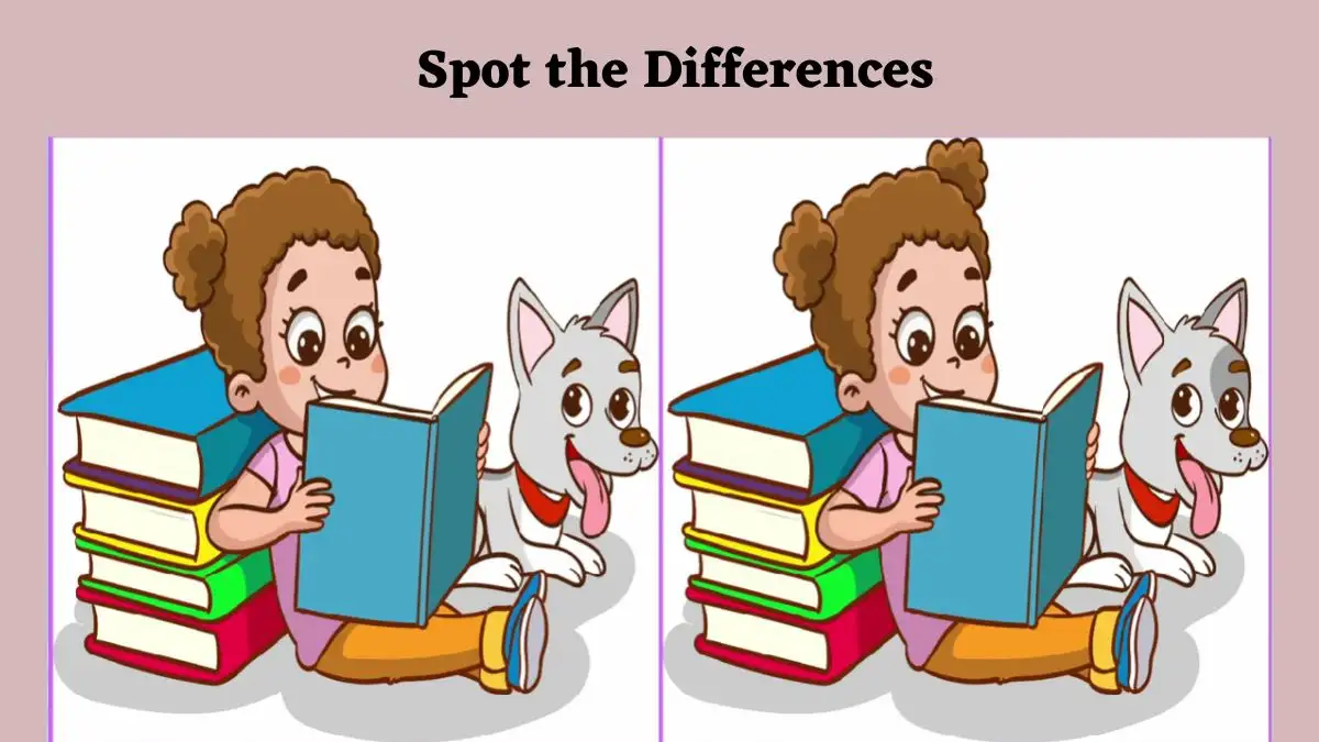 Optical Illusion Spot the Difference Picture Puzzle: Test your skills and spot 3 differences in the Girl Reading book with Dog Picture in 15 Secs