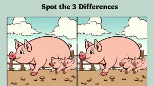 Spot the Difference Picture Puzzle: Can you spot 3 differences in the Pig Family picture in 10 seconds?